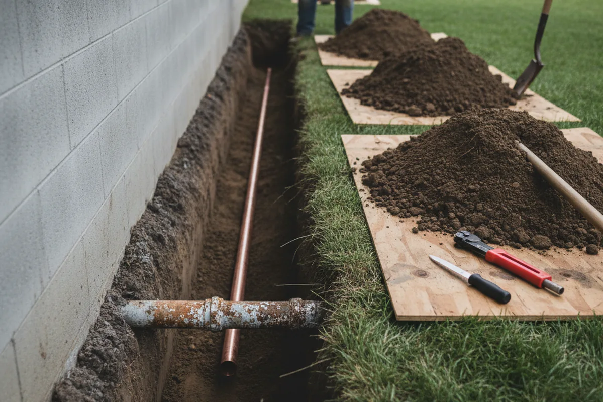 Excavated water line trench during Water Heater Repair in Grosse Ile